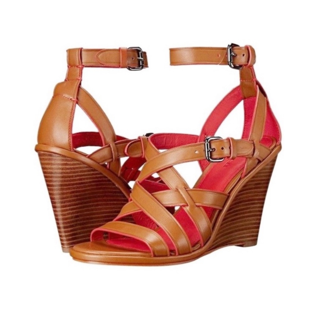 New/EUC COACH DAWN LEATHER SADDLE BROW STRAPPY WEDGES “Runs Small”